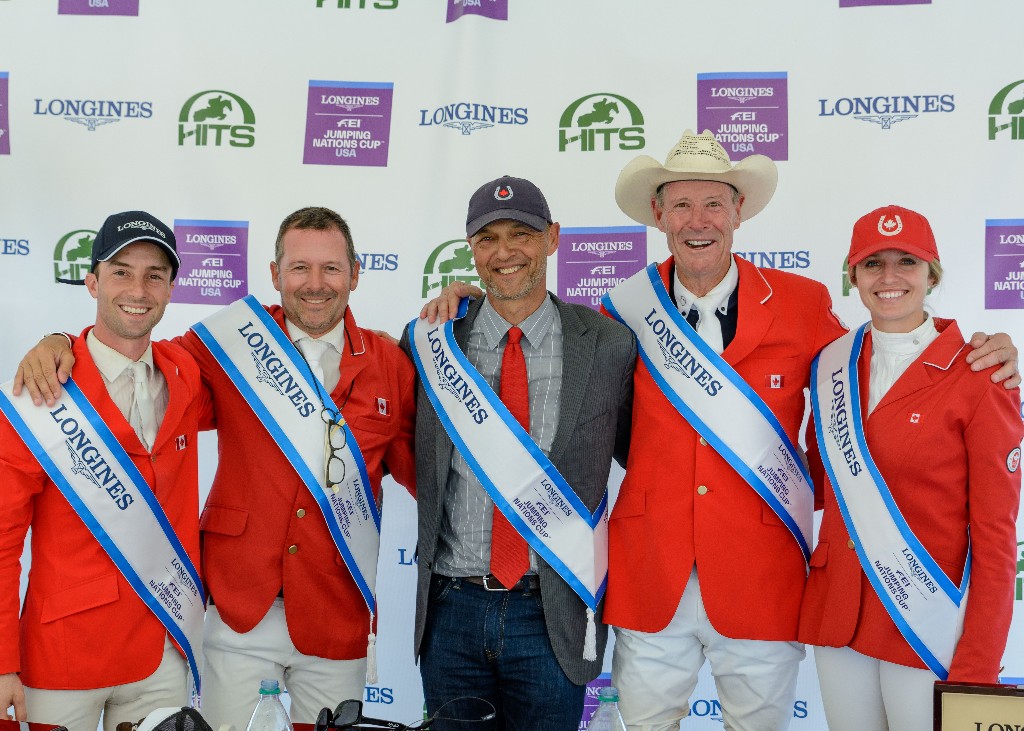 The victorious Canadian Show Jumping Team. From left to right: François Lamontagne, Eric Lamaze, chef d’equipe Mark Laskin, Ian Millar, and Tiffany Foster.  